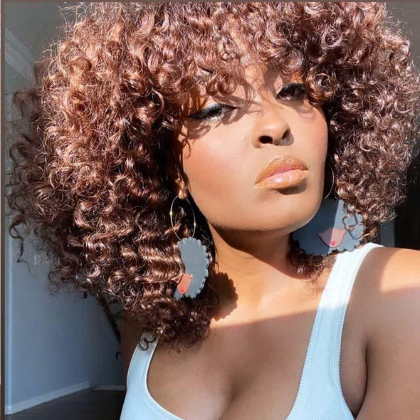 20" Brown Deep Wave Brazilian Wig With Bangs