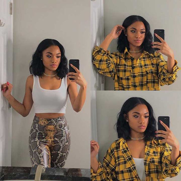 Wet-look black short hair
