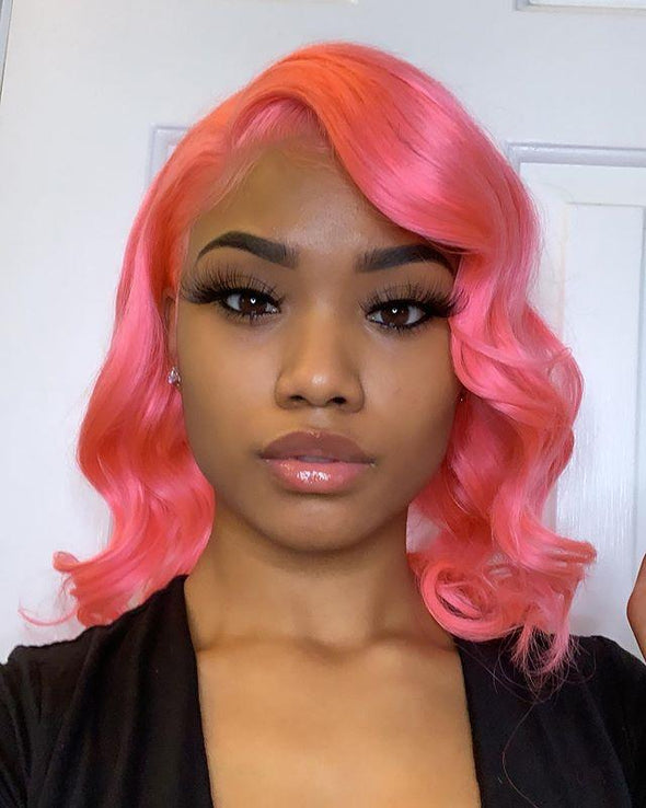 Peach pink cute bob wave hair