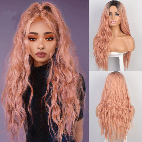 Long Wavy Womens Wig Natural Part Side Hair Ombre Synthetic Wigs Platinum/Blonde/Black/Pink/Red/Silver/Purple Wigs Heat Resistant for Women