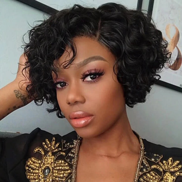 Short Curly Pixie Cut Bob Wigs Brazilian Curly Hair Lace Closure Wigs For African American Black Women