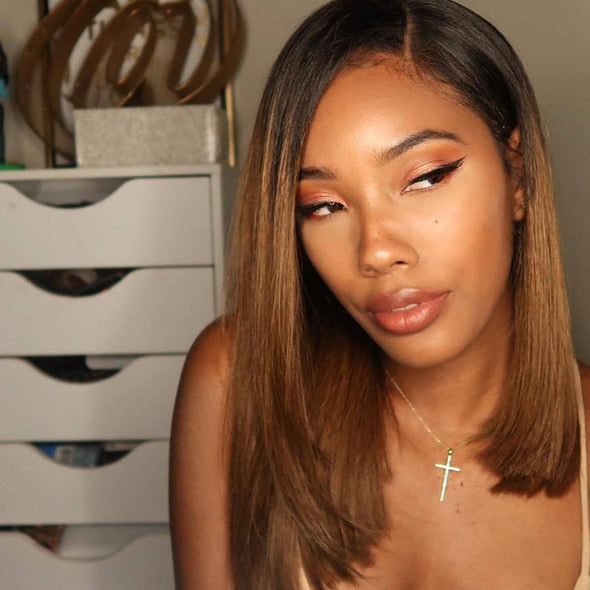 Ombre Highlight Wig Remy Brazilian PrePlucked Brown Hair