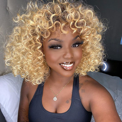Glueless Gold Curly Bob Wig-5