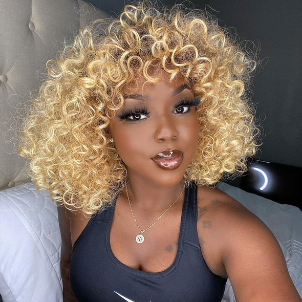 Glueless Gold Curly Bob Wig-5